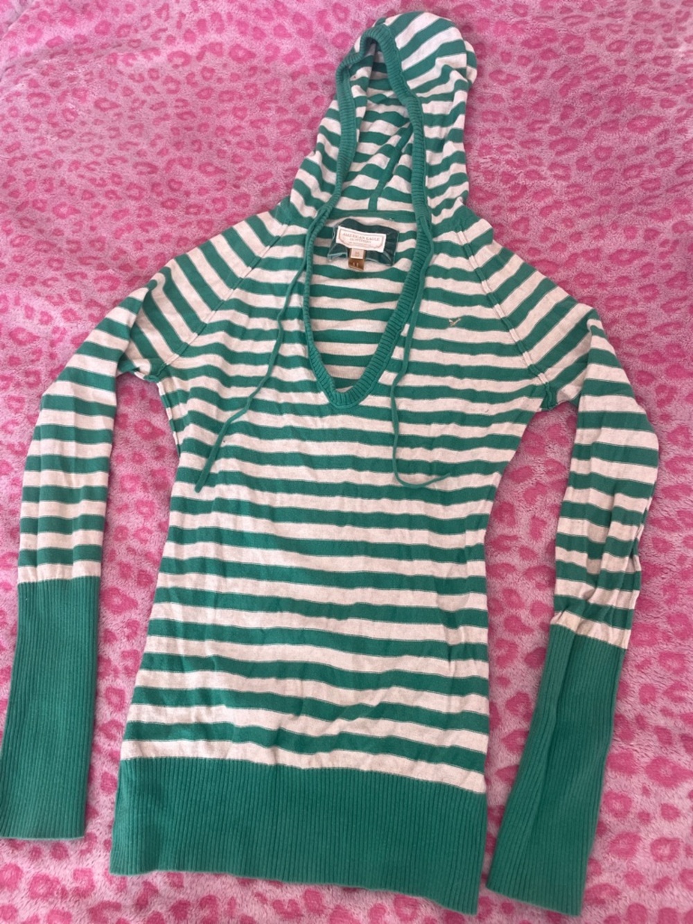 Vintage American eagle Striped V-Neck Hoodie Sweater